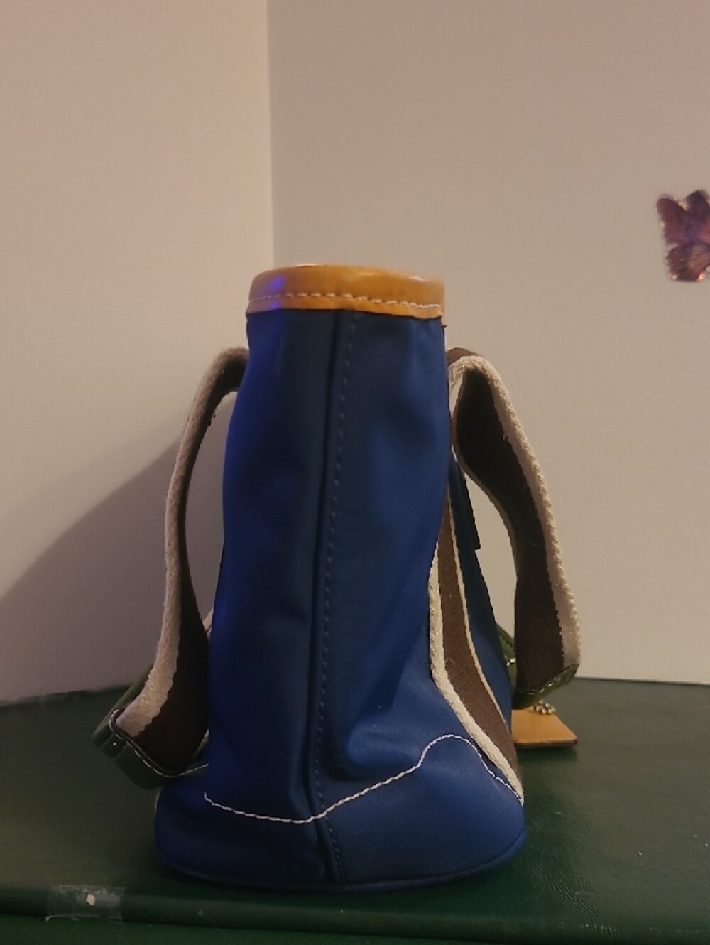 Coach Blue Tote Bag with Brown Accent and Yellow Trim Lined In Signature Plastic - Picture 5 of 12